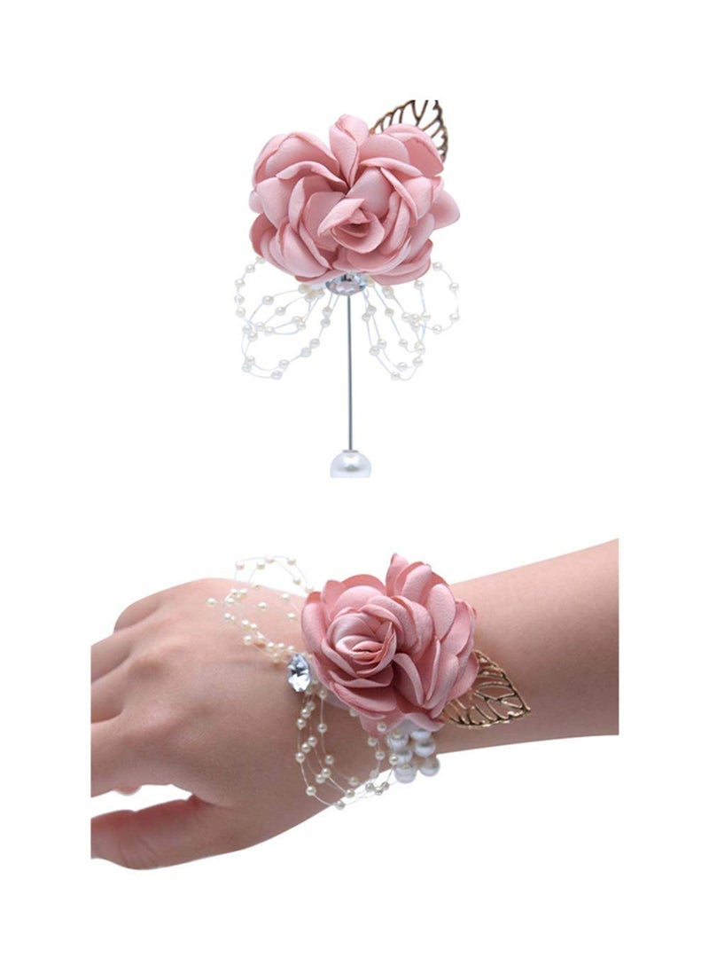 Flonding Rose Wedding Wrist Corsage and Boutonniere Set Party Prom Hand Ribbon Flower Suit Decor (Champagne Pink) - Image 1